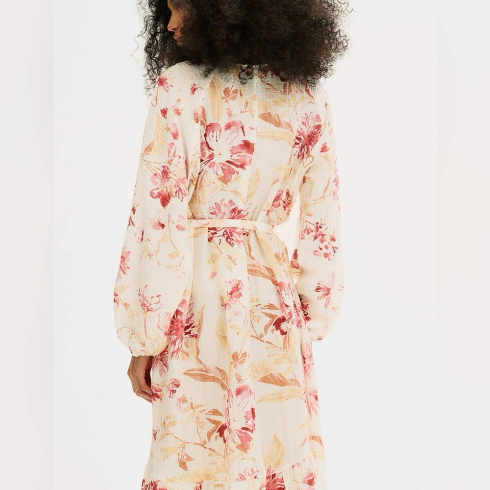 H&M Tie-Belt Crepe Floral Maxi Dress Size XL Balloon Sleeves Beach Coastal Vacay - Picture 12 of 14